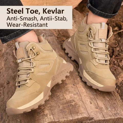 Men High Top Safety Shoes Anti-Smashing Steel Toe Puncture Resistant Work Boots Microfiber Leather Rubber Sole Industrial Footwear
