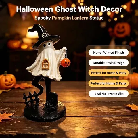 Figurine de Sorcière Fantôme d'Halloween Statue en Résine Peinte à la Main Avec Citrouille Décoration de Bureau pour Fête