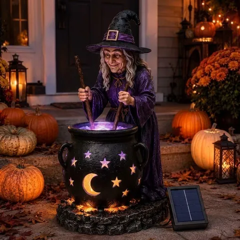 Halloween Solar Witch Statue With Glowing Cauldron Outdoor Garden Decor Resin Craft Figurines For Yard Halloween Supplies