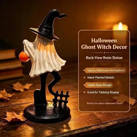 Figurine de Sorcière Fantôme d'Halloween Statue en Résine Peinte à la Main Avec Citrouille Décoration de Bureau pour Fête