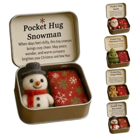 Christmas Pocket Hug Gift Set Handmade Wool Felt Figurine In Tin Box Portable Santa Snowman Greeting Card Holiday Keepsake