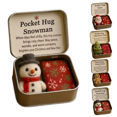 Christmas Pocket Hug Gift Set Handmade Wool Felt Figurine In Tin Box Portable Santa Snowman Greeting Card Holiday Keepsake