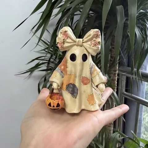 Decorazione di Halloween Statuetta in Resina Fantasma Patchwork Con Fiocco Rosa Jack-O-Lantern Per La Casa