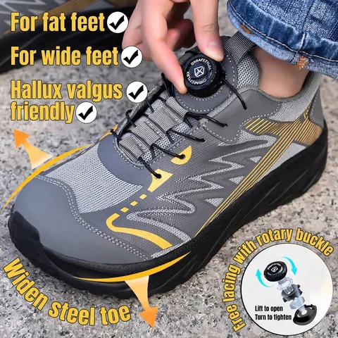 Widened Steel Toe Safety Shoes With Twist-Lock Rotary Buckle Puncture Proof Kevlar Midsole Breathable Mesh EVA Sole Work Shoes