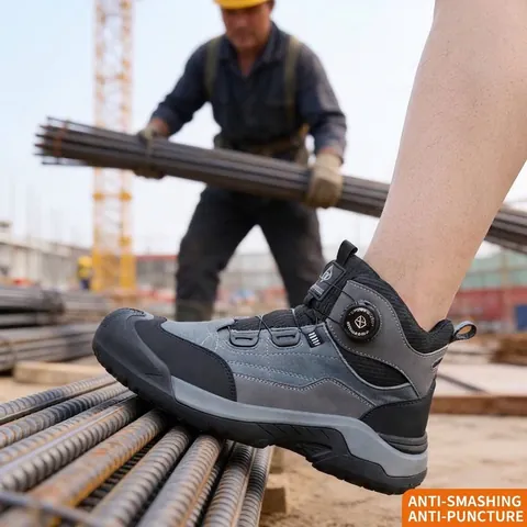 Men Rotary Buckle Safety Shoes Steel Toe Anti-Smashing Anti-Puncture High-Top Microfiber Leather Work Boots Non-Slip Industrial Safety Footwear