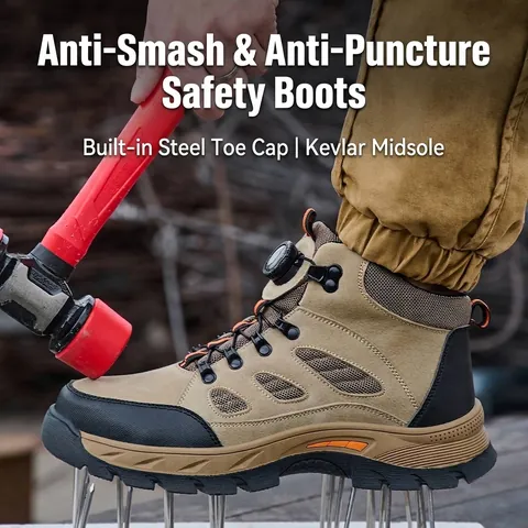 Zapatos de Seguridad de Caña Alta para Hombre Hebilla Giratoria Punta de Acero Botas de Trabajo Antiaplastamiento