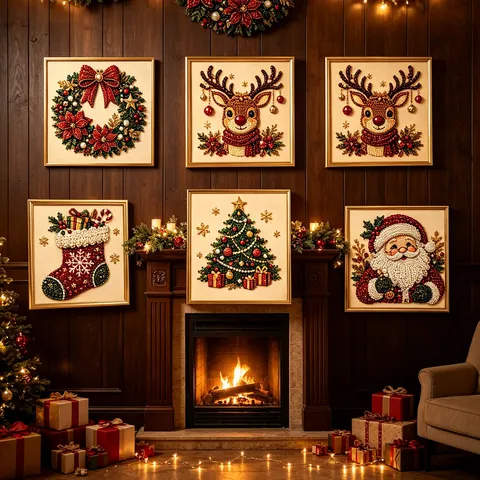 DIY 5D Christmas Acrylic Diamond Pearl Painting with Wood Frame Santa Claus Reindeer Wreath Stocking Decoration Home Wall Art Gift