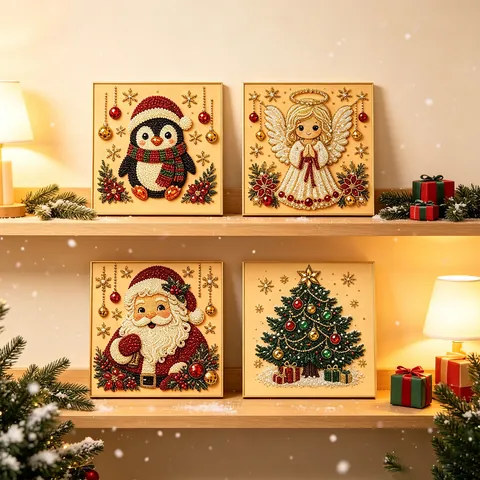 3D Christmas Wall Art 3D Texture Rhinestone Artificial Pearl Inlay Wood Frame Holiday Decor Hanging Painting For Living Room