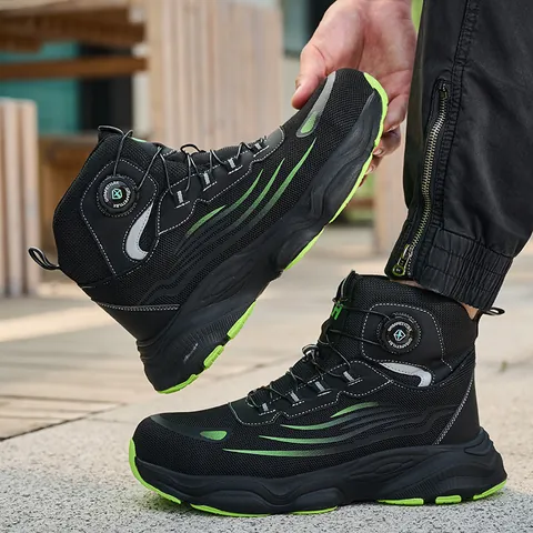 Zapatos de Seguridad de Caña Alta para Hombre Puntera de Acero Anti-Perforación Botas de Trabajo Malla Transpirable Hebilla Giratoria