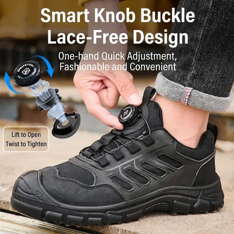 Safety Shoes for Men Women Steel Toe Work Sneakers Anti-Smash Puncture Proof Industrial Construction Shoes with Rotating Buckle Microfiber Leather Breathable Protective Footwear