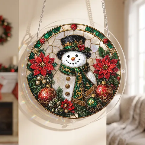Stained Glass Style Acrylic DIY Puzzle Hanging Ornament Christmas Snowman Santa Claus Circular Decorative Pendant Home Gift