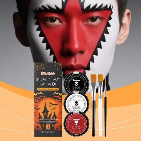 Kit de Peinture Visage et Corps Halloween 3 Couleurs Noir Blanc Rouge Avec 3 Pinceaux Peinture à l'Huile Crémeuse Haute Pigmentation pour Fête Mascarade Maquillage Créatif DIY