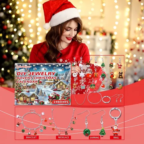 Calendario de Adviento de Navidad DIY Kit de Fabricación de Joyas 24 Días Caja Ciega Con Pulsera Collar Anillo Pendiente Amuletos Colgantes Aleación Resina Acero Inoxidable Regalo Festivo para Niños Mujeres