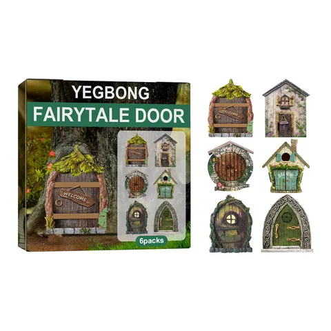 YEGBONG Miniature Garden Fairytale Door 6 Piece Set Wood Gnomes Decoration Tree Yard Outdoor Ornament