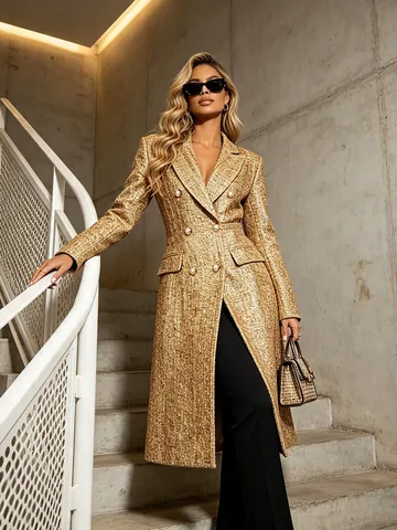 Trench da Donna in Tweed Oro a Metà Lunghezza Vestibilità Slim Giacca Blazer Doppiopetto Con Bottoni di Perle