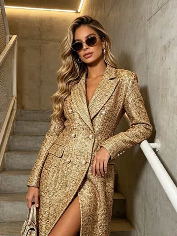 Trench da Donna in Tweed Oro a Metà Lunghezza Vestibilità Slim Giacca Blazer Doppiopetto Con Bottoni di Perle
