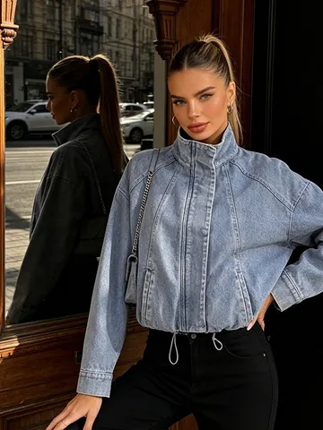 Women Casual Denim Jacket Stand Collar Long Sleeve Drawstring Hem Loose Fit Short Jean Coat Autumn Fashion Street Outwear
