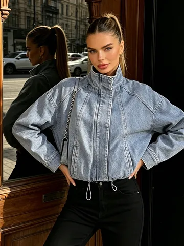 Women Casual Denim Jacket Stand Collar Long Sleeve Drawstring Hem Loose Fit Short Jean Coat Autumn Fashion Street Outwear