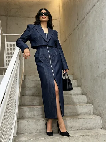 Women Elegant Polyester Denim Skirt Set Patchwork Short Jacket And High Waist Long Zipper Skirt Top And Bottom Autumn Outfit