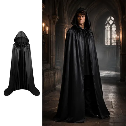 Black Hooded Cloak Satin Polyester Cape For Halloween Cosplay Costume Party Gothic Witch Wizard Role Play Adult Unisex