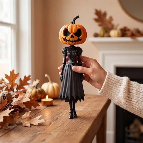Ornamento de Escritorio de Acrílico de Dama con Cabeza de Calabaza de Halloween Soporte de Personaje de Vestido Negro Gótico