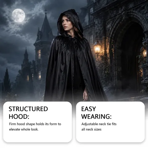 Black Hooded Cloak Satin Polyester Cape For Halloween Cosplay Costume Party Gothic Witch Wizard Role Play Adult Unisex