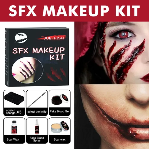 Jue-Fish Kit Trucco SFX per Halloween Cera Realistica per Cicatrici Gel Sangue Finto Spray Spatola Spugne per Feste Horror