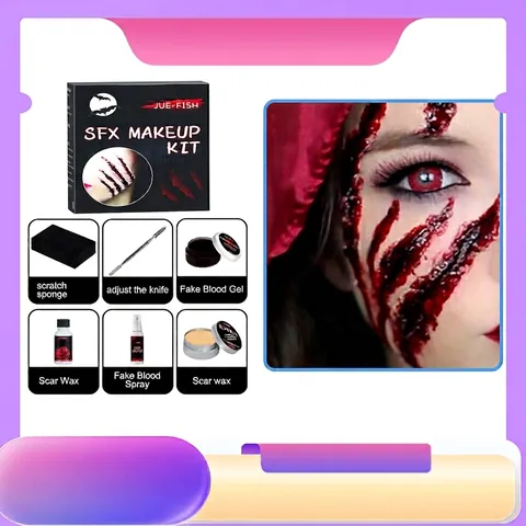 Jue-Fish Kit Trucco SFX per Halloween Cera Realistica per Cicatrici Gel Sangue Finto Spray Spatola Spugne per Feste Horror