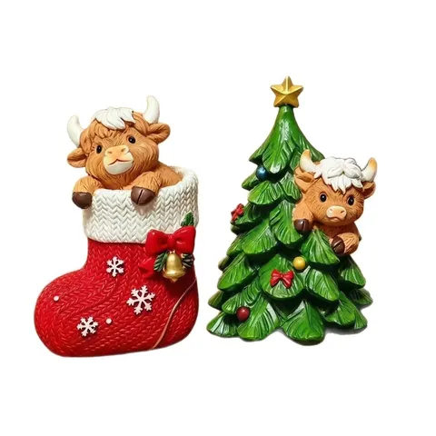Kerst Schotse Hooglander Hars Beeldje Ornament Schattige Sok Kerstboom Ontwerp Kerst Huis Decor Miniatuur Dieren Standbeeld