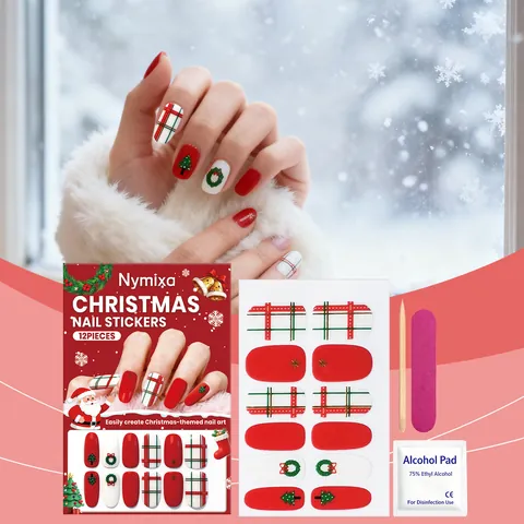 Nymixa Christmas Theme Soft Gel Nail Sticker Set Festive DIY Nail Art Kit With Santa Claus Plaid Christmas Tree Design