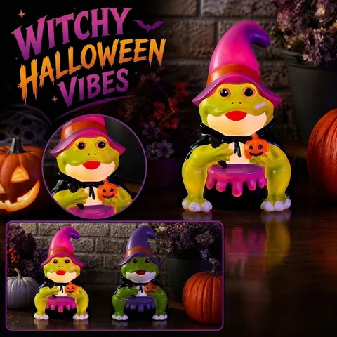 Adorno de Rana Mago Luminosa de Halloween Figura de Rana Vampiro Con Sombrero de Mago Y Linterna de Calabaza Decoración
