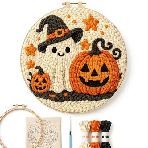 Halloween Geest Borduurpakket DIY Punch Needle Craft Set Met Houten Borduurring Garen Pompoen Heksenhoed Patroon Handgemaakt Cadeau