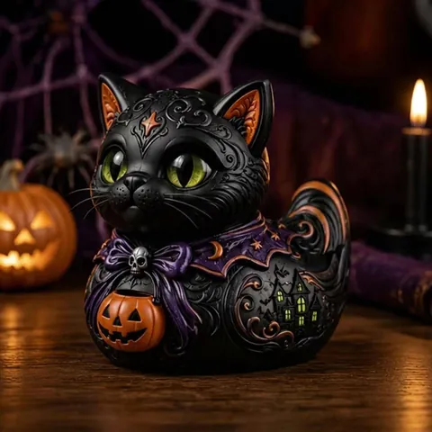 Gothic Halloween Cat-Duck Resin Figurine With Skull Bowtie And Pumpkin Bucket Spooky Tabletop Decor Statue Ornament Gift