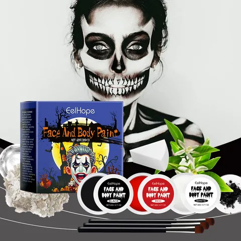 Ensemble de Peinture pour Visage et Corps d'Halloween Palette de Maquillage Professionnelle Rouge Noir Blanc Peinture à l'Huile Avec Pinceaux et Éponge