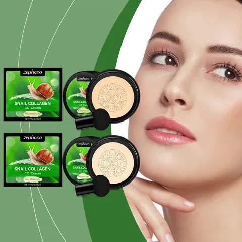 ZEPHOCO Snail Collagen CC Cream Foundation Set With Mushroom Head Sponge Moisturizing Concealing Brightening Face Makeup