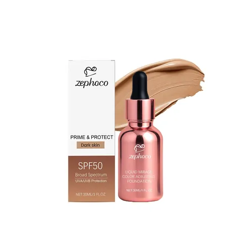Zephoco Liquid Mirage Color Adjusting Foundation SPF50 Sun Protect Moisturizing Lightweight Concealer For Dark Skin Makeup