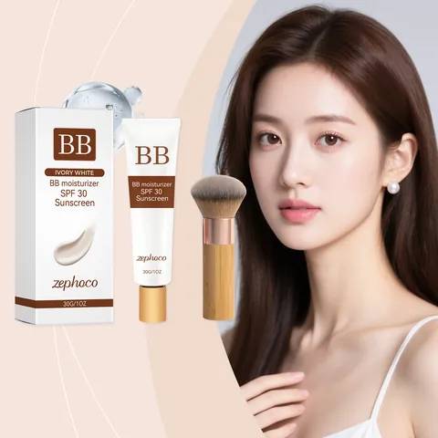 Zephoco Moisturizing Protective BB Cream SPF 30 Ivory White With Makeup Brush Natural Matte Finish Concealer Base Makeup 30g