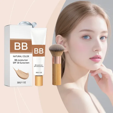 Hydrating Protective BB Cream Natural Color SPF 30 Face Concealer With Bamboo Makeup Foundation Brush Set For Daily Wear