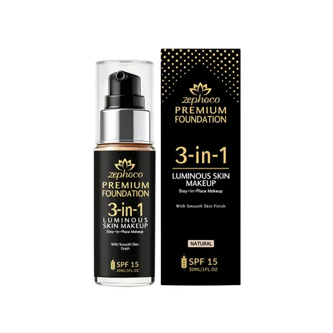 Fondotinta Zephoco 3-in-1 Luminous Skin a Lunga Durata Idratante Opaco per il Viso Tonalità Naturale Flacone in Vetro Crema SPF 15