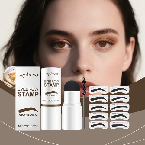 Zephoco Professional Eyebrow Stamp Kit Gray Black Eyebrow Powder Makeup Set With 10 Stencils Spoolie Brush Natural Shaping Long Lasting