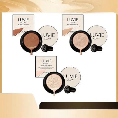 Base de Maquillaje Luvie Glow Blur Cushion con Borla de Champiñón Corrector Iluminador de Larga Duración Hidratante Facial