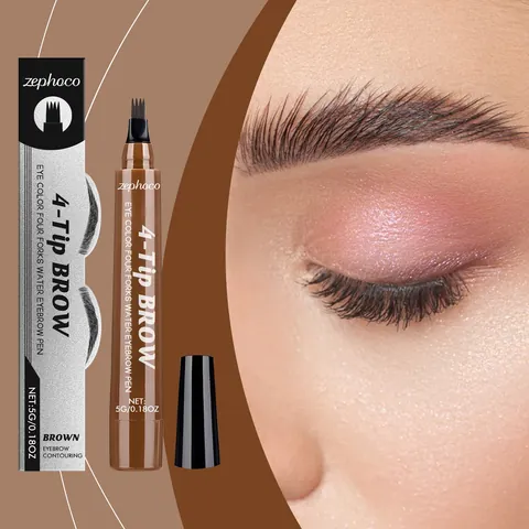 ZEPHOCO Brown 4-Tip Liquid Eyebrow Pen Waterproof Long Lasting Microblading Effect Brow Pencil For Women Eye Makeup