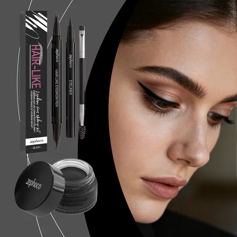 Zephoco Black Eyebrow Makeup Set Professional Waterproof Eyebrow Pomade With Dual-Ended Pen Eyeliner Brush Long Lasting Kit