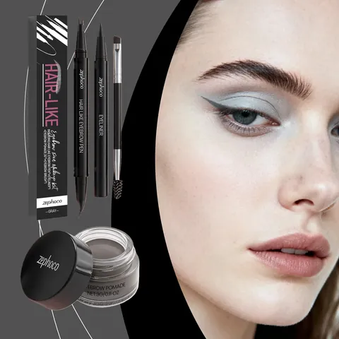 Zephoco Hair-Like Eyebrow Makeup Set Gray Brow Pomade Liquid Eyebrow Pen Eyeliner With Brow Brush For Natural Long-Lasting Eye Contour