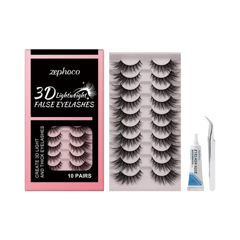 ZEPHOCO 3D Leichte Falsche Wimpern Set 10 Paare Schwarz Synthetikfaser Mit Wasserfestem Kleber Und Pinzette Für Damen Make-Up