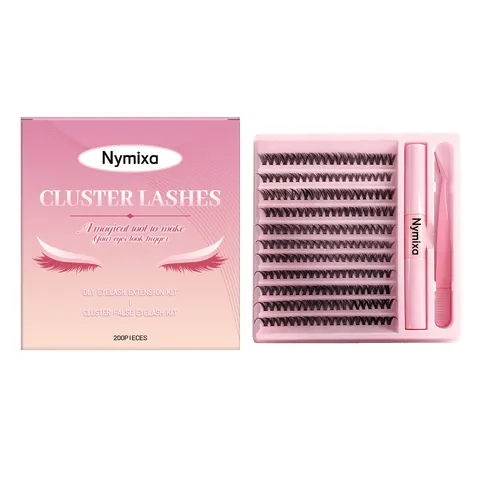 Nymixa Cluster Lashes Set 200 Pcs Segmented Individual Eyelashes With Pink Tweezers And Glue Sealant For Daily Look Women