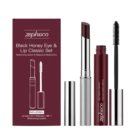 Set De Maquillaje De Ojos Y Labios Miel Negra Bálsamo Labial Hidratante Labial Brillante Tono Baya Oscuro Máscara Rizado Impermeable