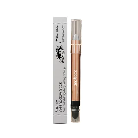 Bâton d'Ombre à Paupières à Double Embout Blanc Argenté Scintillant Ombre à Paupières Crème Nacrée Avec Éponge Pour Maquillage Femme