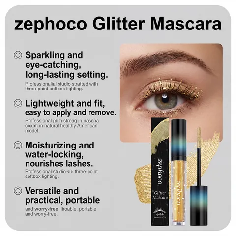 Zephoco Gold Glitter Mascara For Women Sparkling Sequin Eye Makeup Curling Long Lasting Waterproof Stage Party Mascara