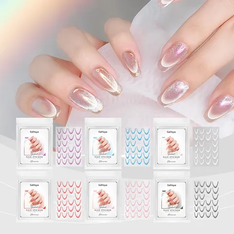 French Gradient Nail Stickers 23 Patches Self Adhesive Cat Eye Glitter Nail Wraps For Women DIY Manicure Decoration Set